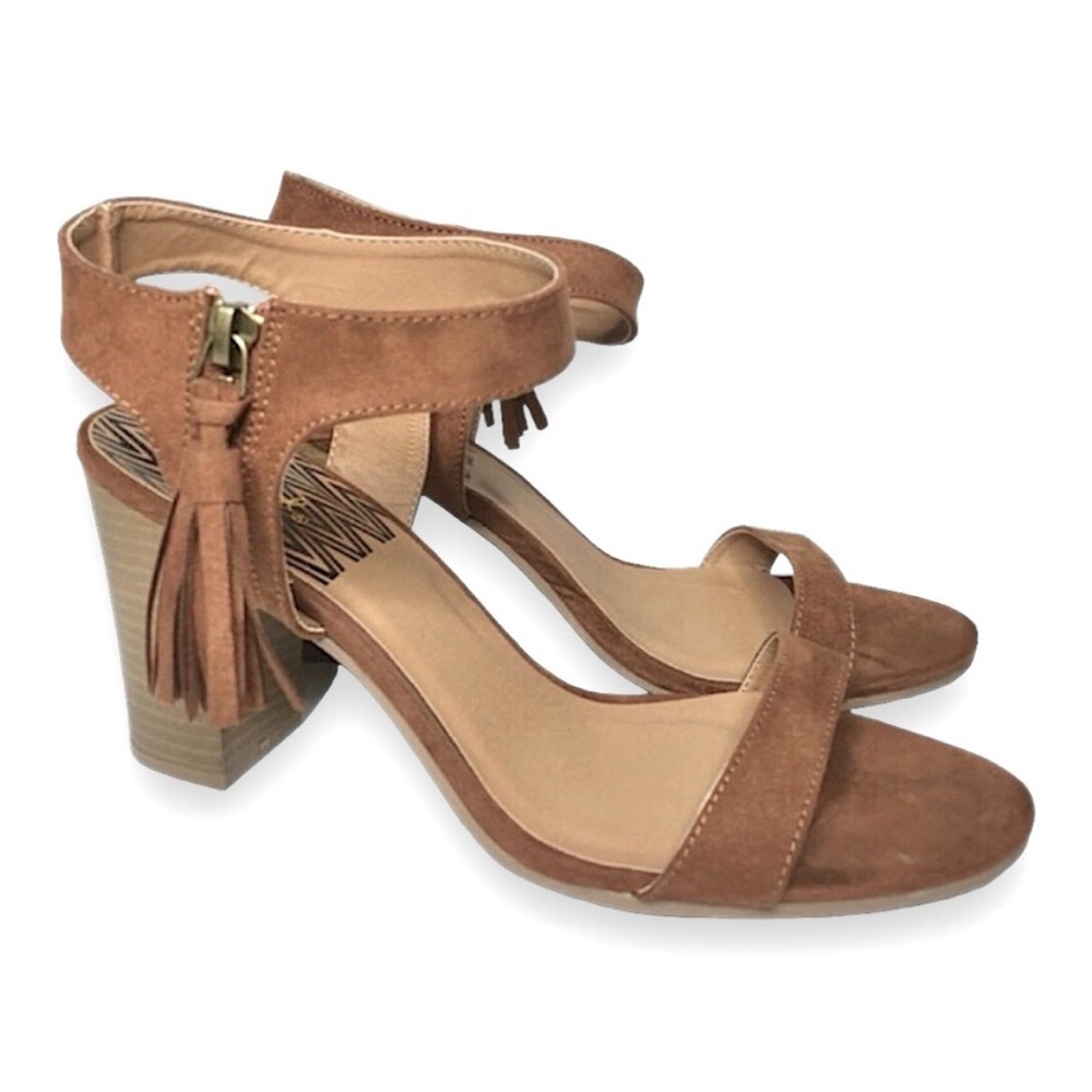 Qupid Lucite Boho Camel Suede Tassle Heel